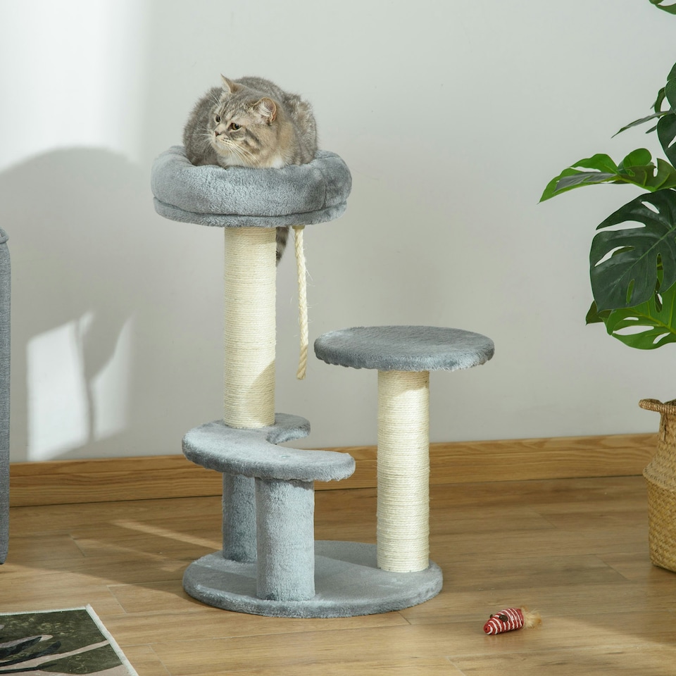 image 1 of PawHut 65cm Cat Tower, Small Cat Condo with Sisal Posts, Rope, Perches Grey