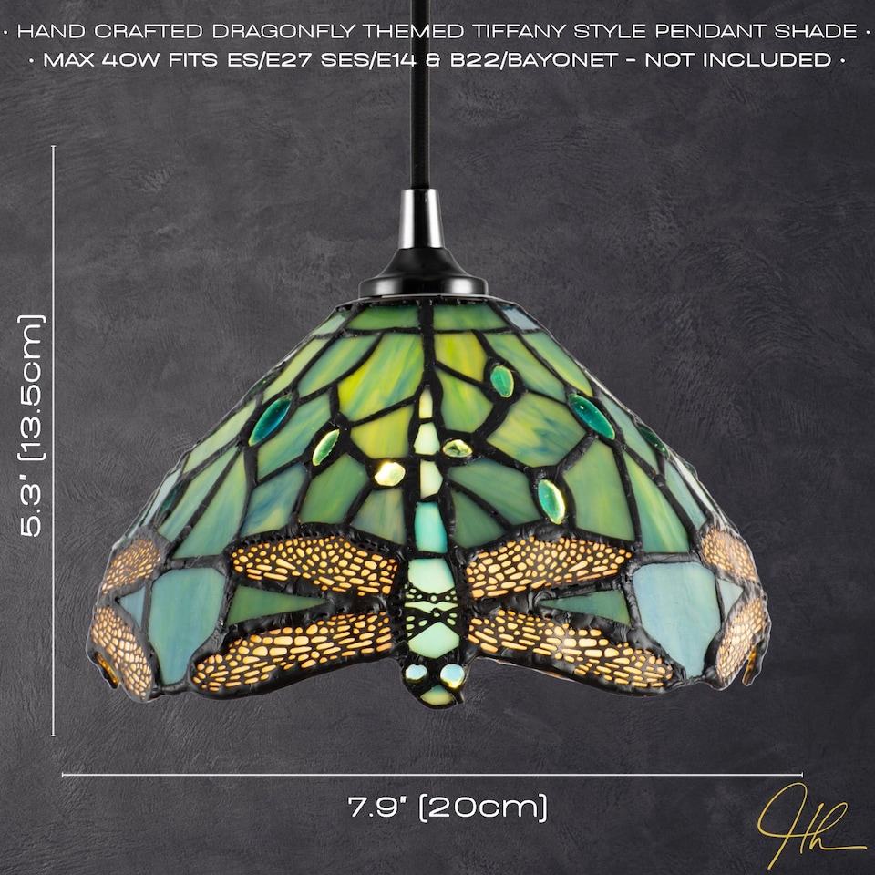 image 1 of Dragonfly Themed Emerald Stained Glass Tiffany Pendant Lighting Shade with Beads | Green | Emerald Green | 1
