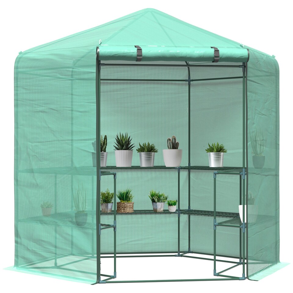 image 1 of Outsunny 196 x 215CM Walk In Greenhouse 3-Tier Garden Hexagon Grow Flower Plants