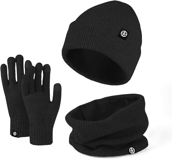 Winter Hat Scarf Gloves 3pcs Thermal Warm Knitted Beanie Cap Soft Fleece Brushed Inner Lining Elastic Circle Neck Warmer Thicken Touchscreen Gloves Wi
