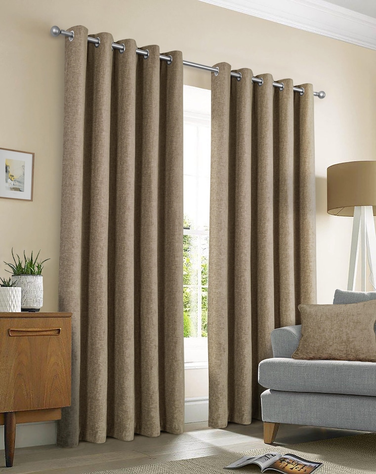 image 1 of Amberley - Thermal Interlined Chenille Curtains - Eyelet - 100% Polyester (Earth, 90'' x 90'' - 229cm x 229cm (Pair)) | Brown | Brown