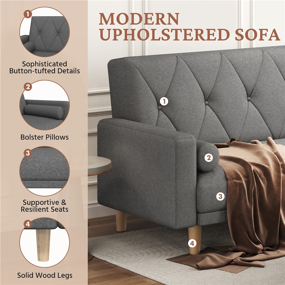 image 1 of Yaheetech Fabric Convertible Sofa Bed with 2 Bolster Pillows-Dark Grey