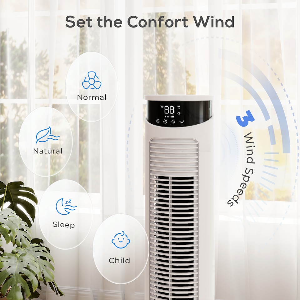 image 1 of HOMCOM Tower Fan with WiFi Control 116 cm | White | White | 31.5 x 31.5 x 116 cm