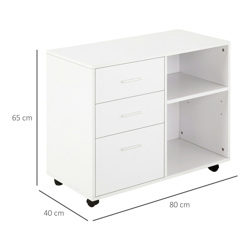 image 1 of HOMCOM Freestanding Storage Cabinet w/ 3 Drawers 2 Shelves 4 Wheels Office White