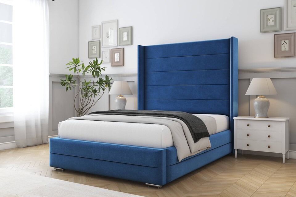 image 1 of Sloomy Sterling Navy Plush Bed Frame With Mattress With 50"  Upholstered Wingback Headboard 4'6 Double