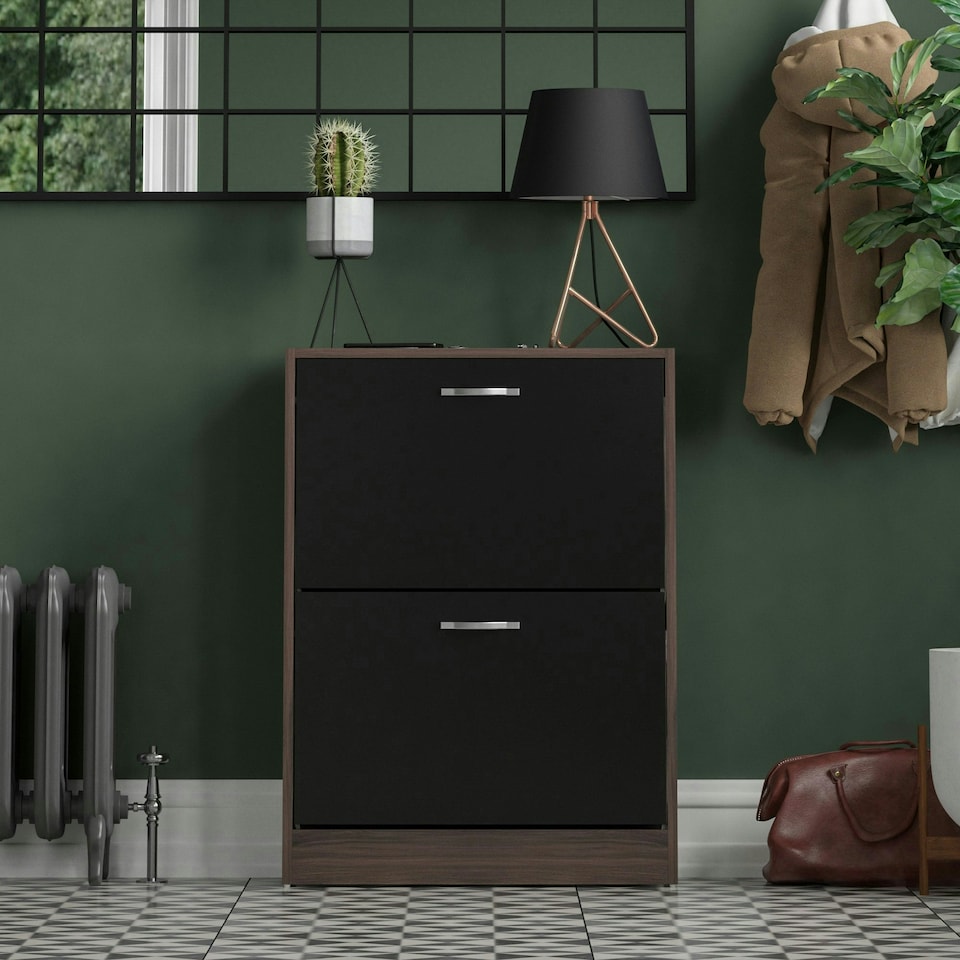 image 1 of Vida Designs 2 Drawer Shoe Cabinet Shoe Rack Storage Cupboard, Walnut & Black