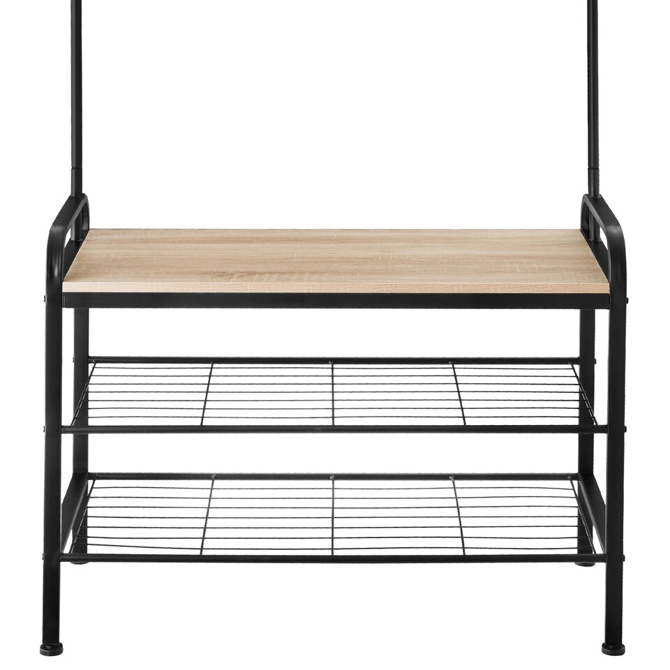 image 1 of Coat Stand - shoe rack, seat, 2 shelves and 9 coat hooks | Brown | industrial wood light, oak Sonoma | One Size | 1