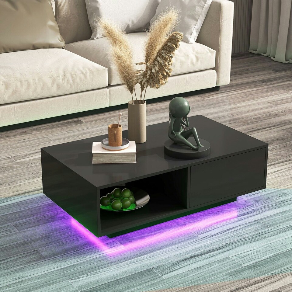 image 1 of COSTWAY Coffee Table w/LED Lights Rectangle Table Black