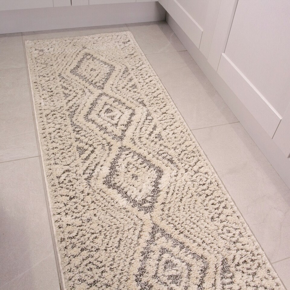 image 1 of KUKOON Grey Cream Diamond Geometric Tufted Pile Runner Rug 60cm x 240cm