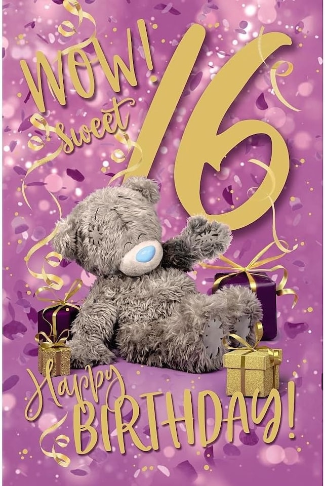 image 1 of Bear Surrounded by Gifts 16th Birthday Card