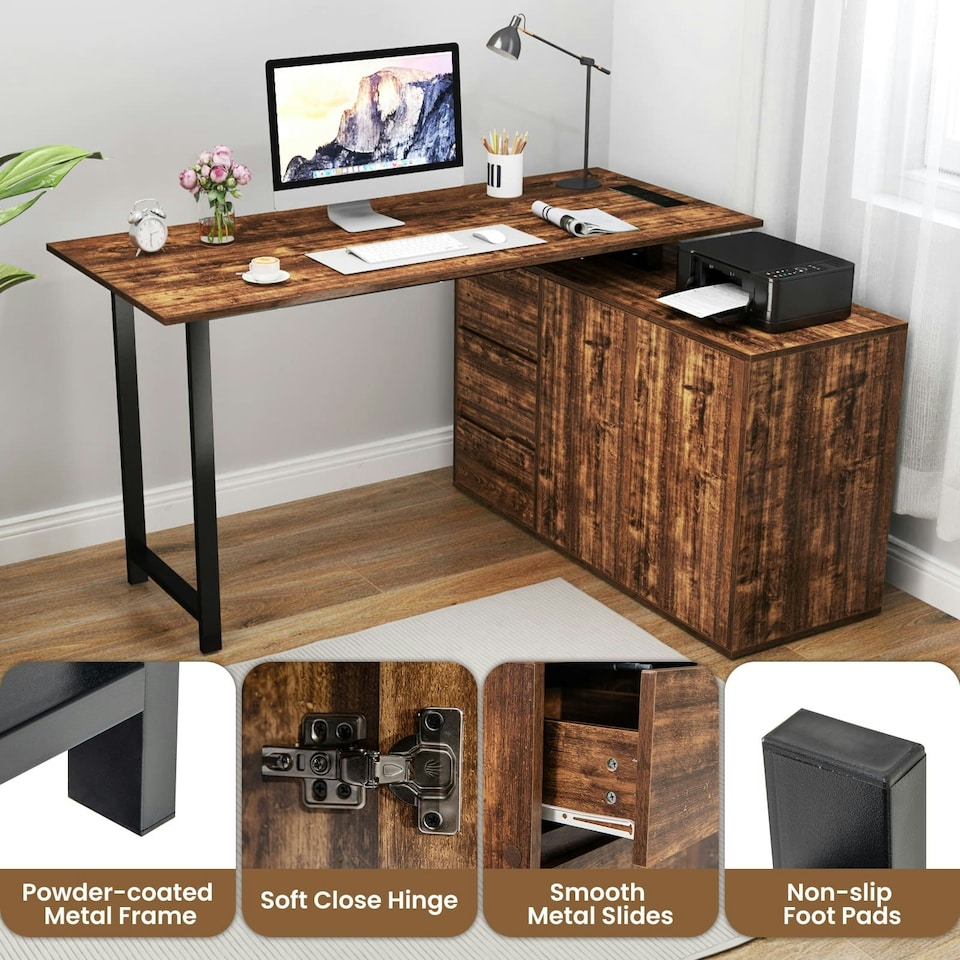 image 1 of COSTWAY L-Shaped Desk Reversible Corner Computer Desk Coffee Brown