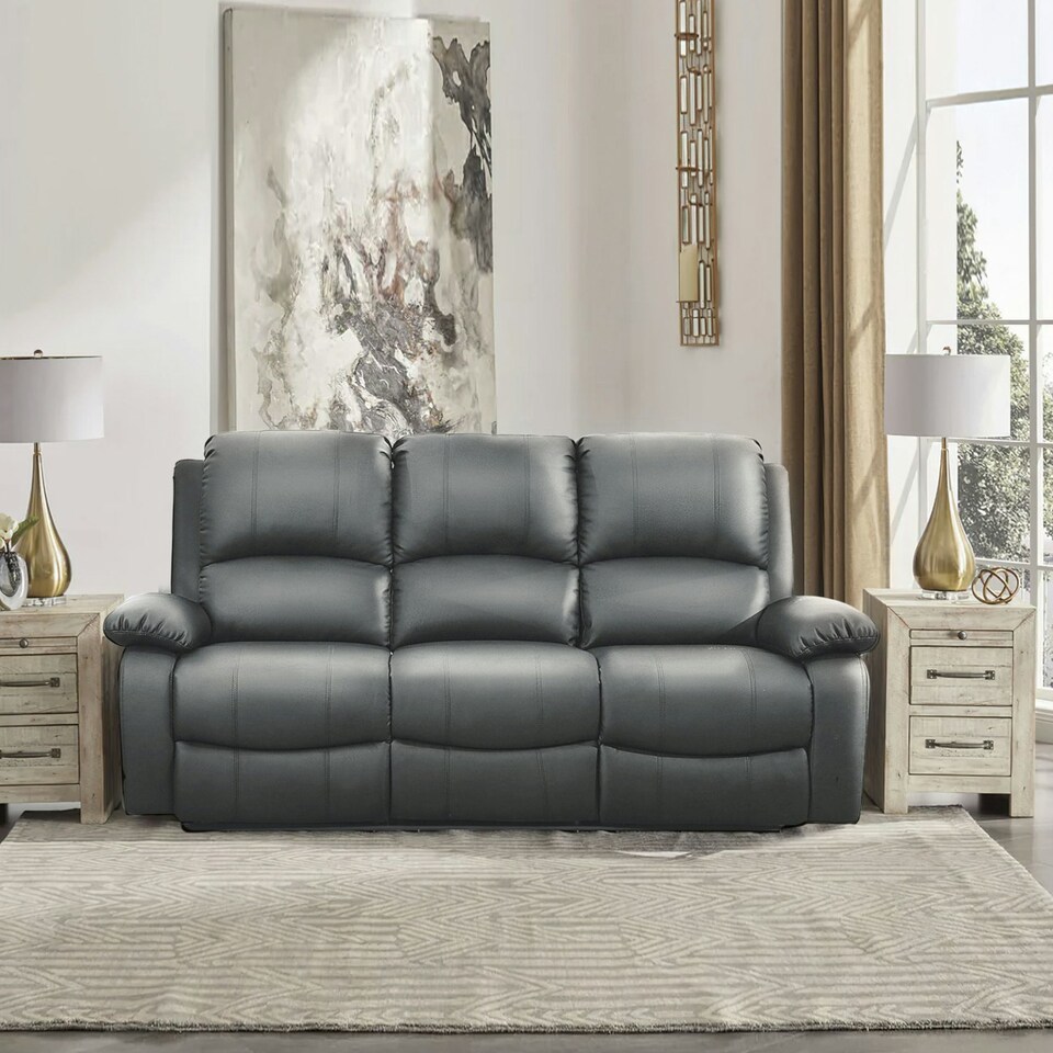 image 1 of Faux Leather 3 Seat Reclining Sofa In Dark Grey