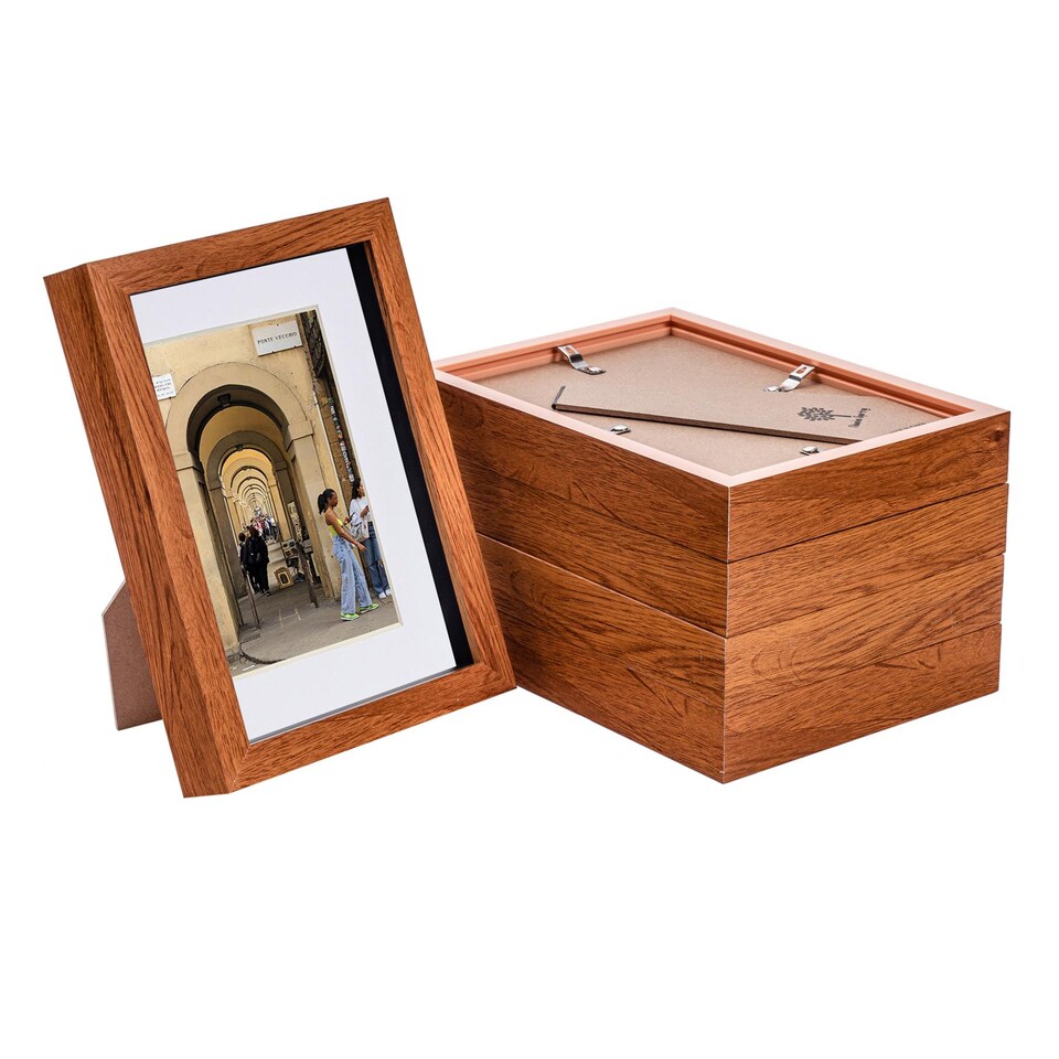 image 1 of Nicola Spring A5 (6 x 8") Photo Frames - Dark Wood/White Mount - 3D Picture Frame Box Portrait Display Case (23.5 x 17cm) Set of 5
