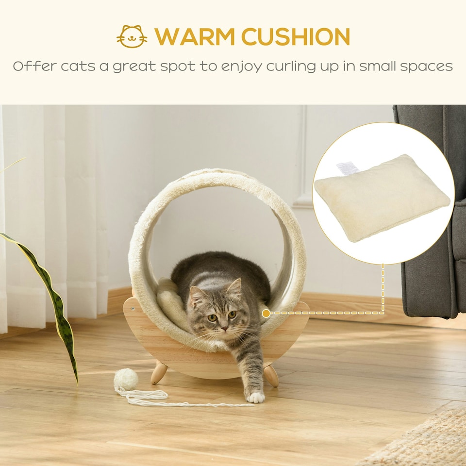 image 1 of PawHut Raised Kitten Bed Pet Shelter w/ Scratcher Cushion, Beige 41 x 38 x 43 cm