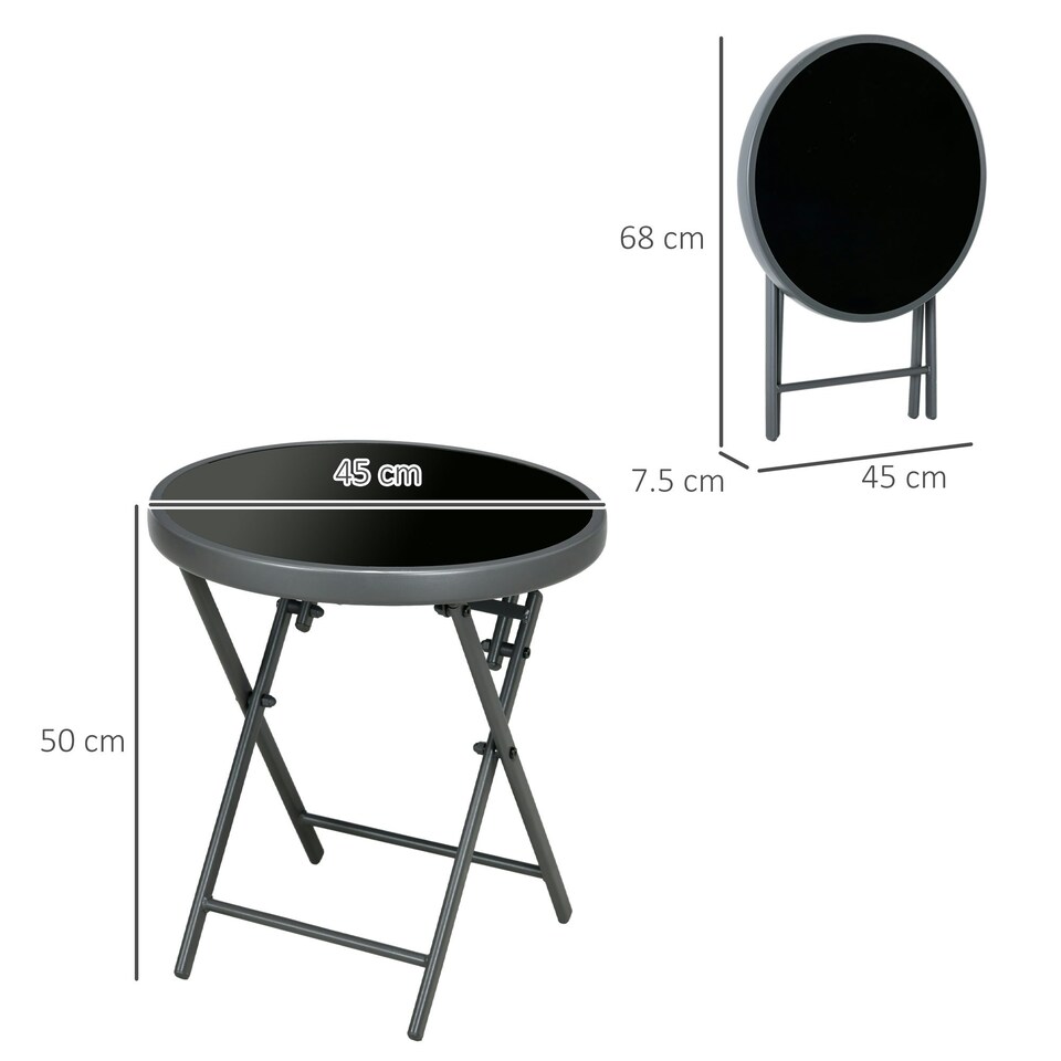 image 1 of Outsunny Round Folding Side Table w/ Imitation Marble Glass Top, Black