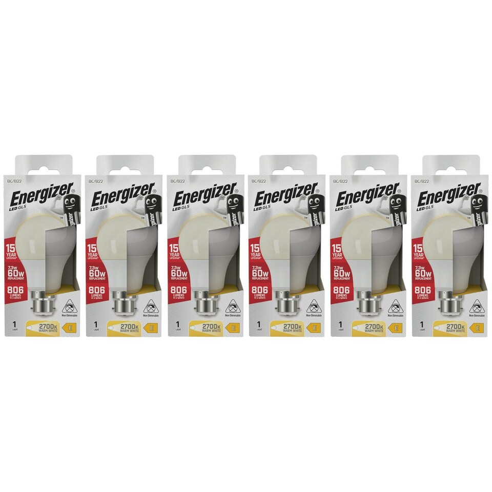 image 1 of Energizer LED GLS B22 806lm 7.3W 3000K (Warm White) Light Bulb - Pack of 6