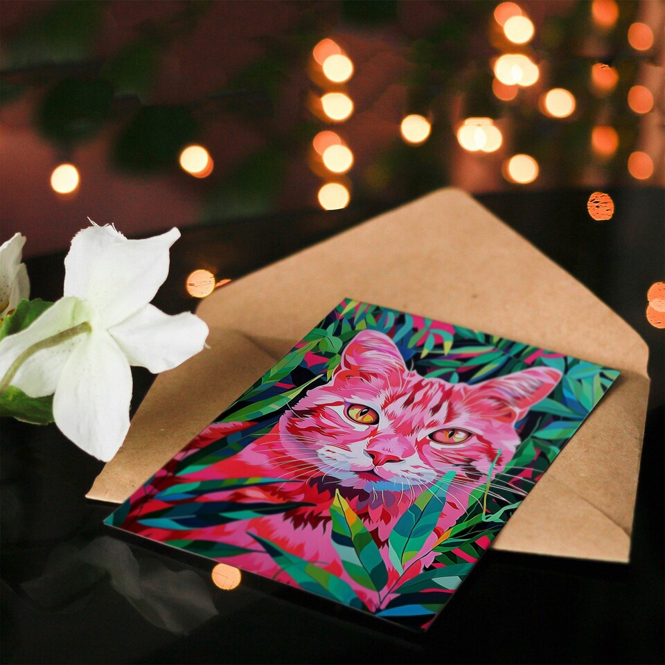 image 1 of Neon Pink Cat Lover Jungle Nature Design Woman Her Birthday Card