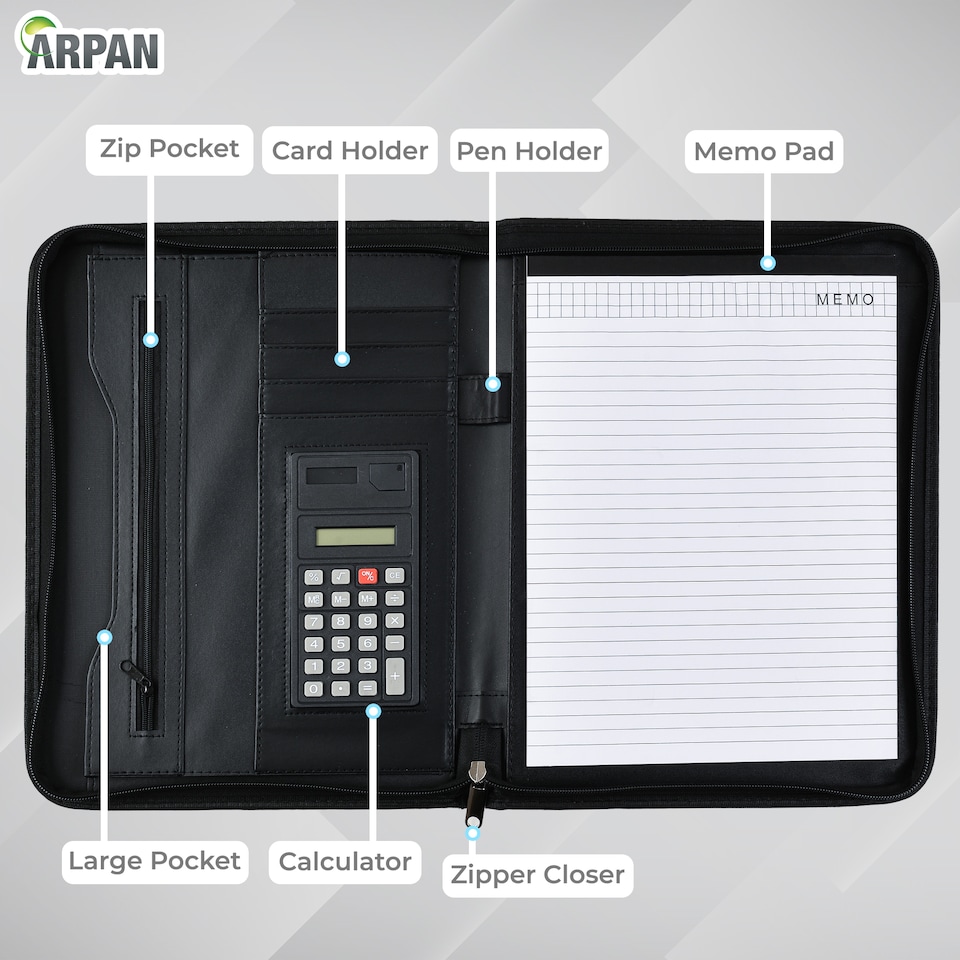 image 1 of A4 Zipped Conference Folder – Executive Portfolio with Calculator, Writing Pad, Pen Holder & Document Storage – Professional Faux Leather Business Organiser for Office, Meetings & Interviews