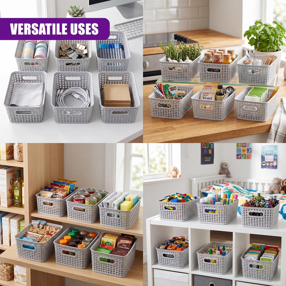 image 1 of GEEZY Small Plastic Storage Baskets Set of 6 Grey Woven Style Stackable Organizers