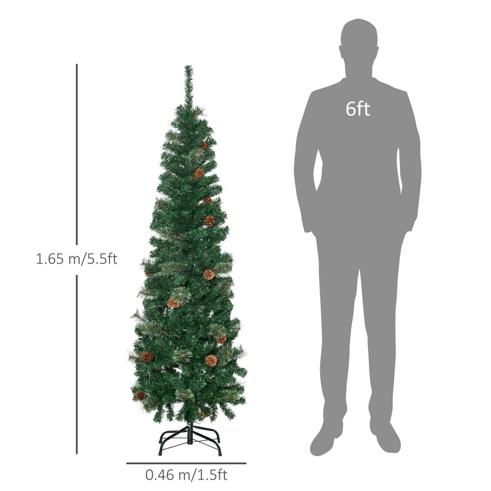 image 1 of HOMCOM 5.5FT Artificial Slim Christmas Tree Holiday Home Décor with Pine Cones