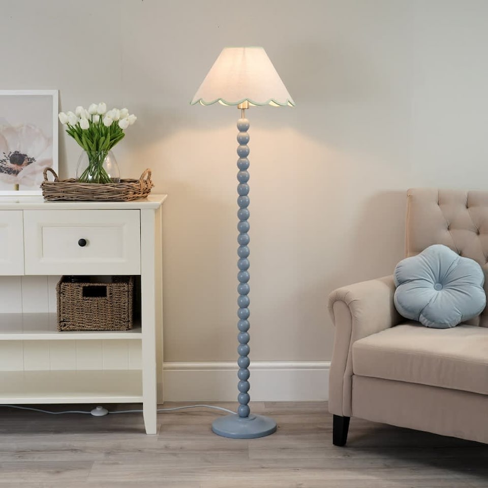 image 1 of ValueLights Bobbles Powder Blue Floor Lamp Green Trim Scallop Shade | Blue