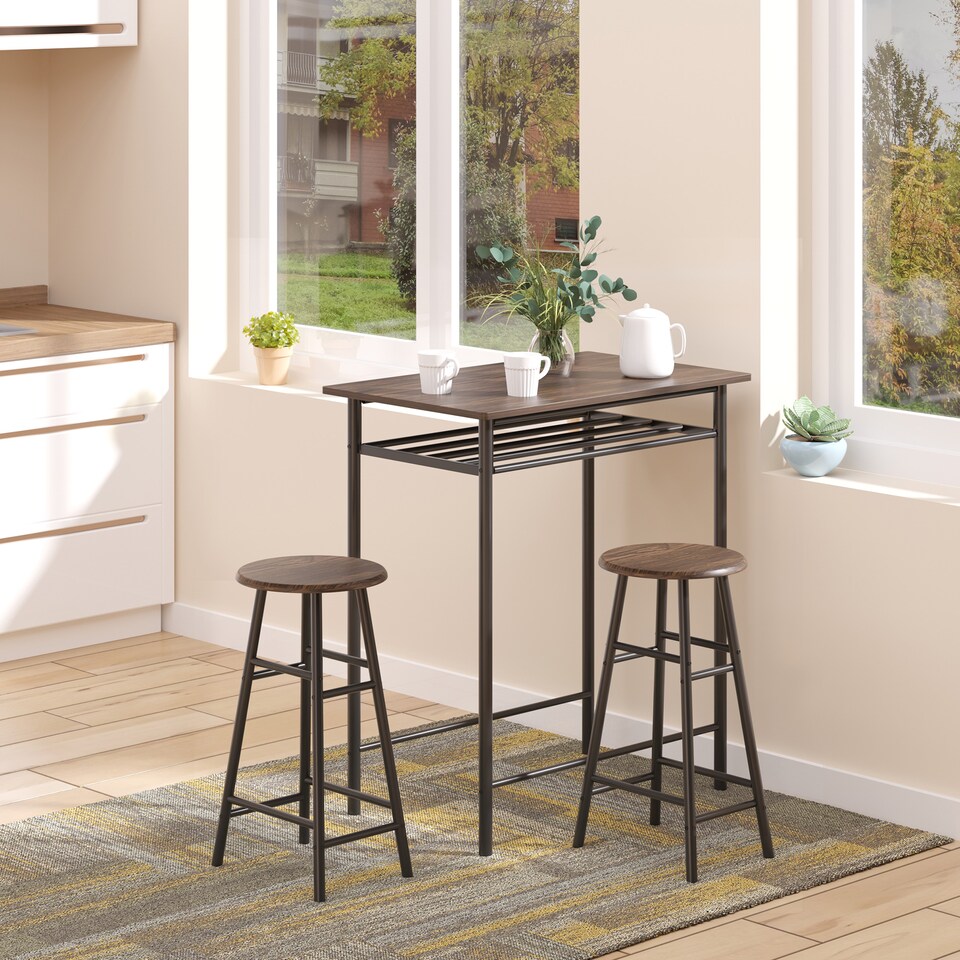image 1 of HOMCOM Bar Table Set, Bar Table and Stools Set, Footrest and Storage Shelf, for Kitchen, Dining Room, Pub, Cafe, Black and Oak