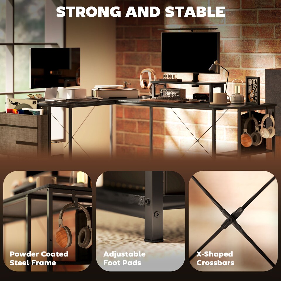 image 1 of HOMCOM 168cm Reversible L Shaped Desk, Industrial Corner Computer Desk with Adjustable Shelf and Storage Bag, 240cm 2 Person PC Table with Monitor Stand, Black | Black