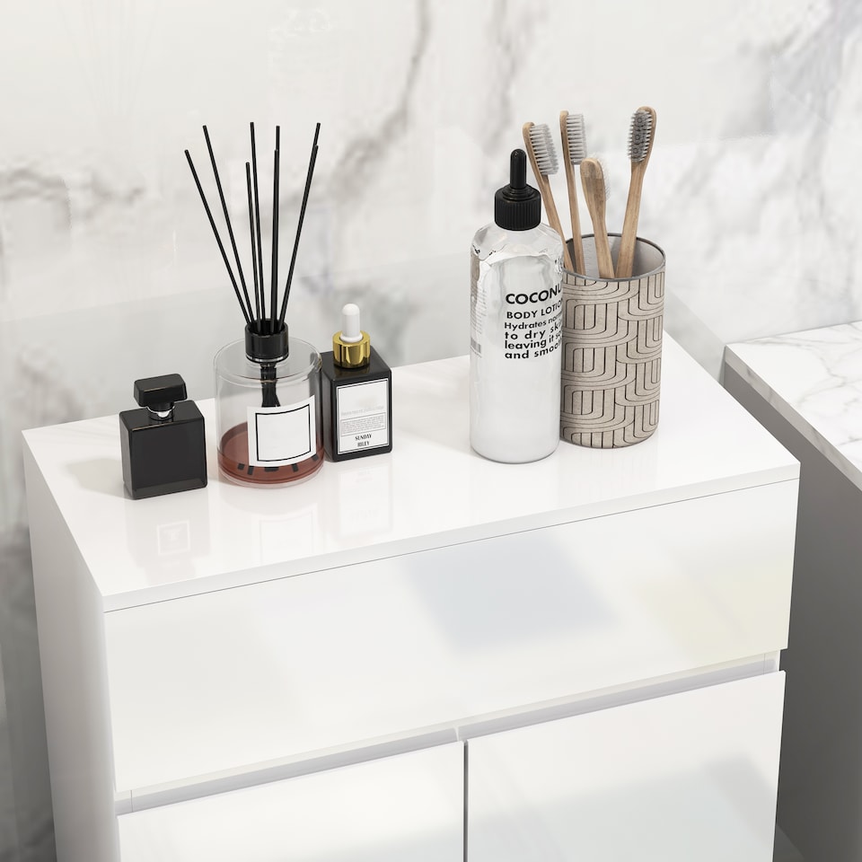 image 1 of kleankin High Gloss Bathroom Floor Cabinet Storage Cupboard with Drawer | White