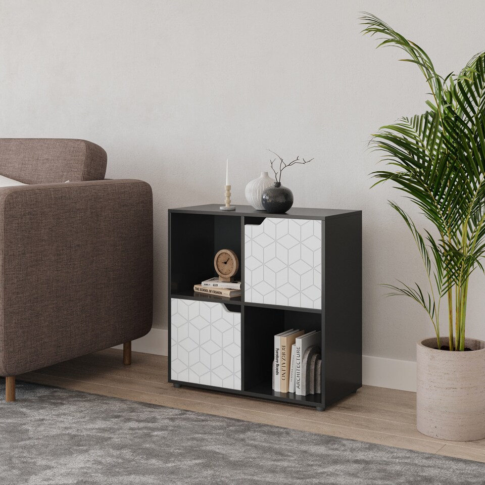 image 1 of 4 -Cube Shelving Unit With Geo Doors - Square | Black | Black & White | 1