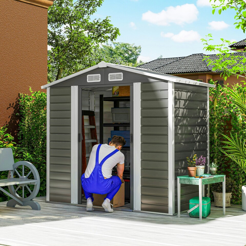 image 1 of Outsunny 7 x 4ft Upgraded Metal Shed with Lock, Easy to Assemble, Dark Grey