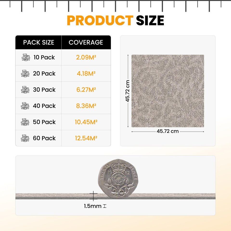 image 1 of NOVECRAFTO Self Adhesive Vinyl Floor Tiles 45x45cm Carpet Effect Peel and Stick