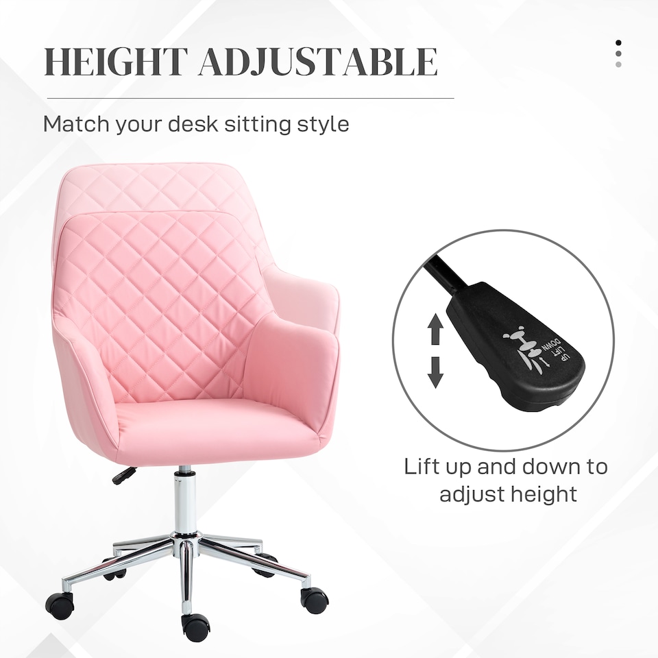 image 1 of Vinsetto Office Desk Chair, Leather-Feel Fabric Computer Swivel Chair with Rolling Wheels and Adjustable Height for Home, Pink