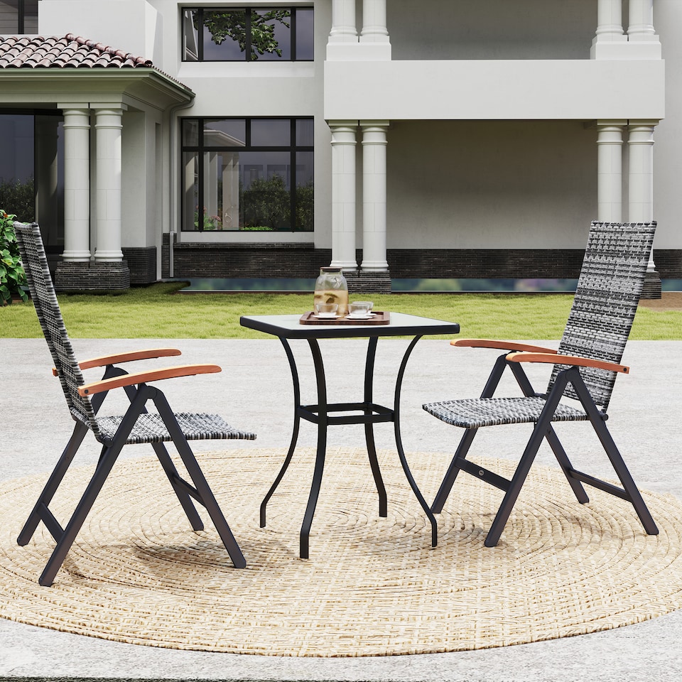 image 1 of Outsunny Folding Garden Chairs Set of 2, 5-level Reclining PE Rattan Garden Dining Chairs with Wood Armrests, High Back and Steel Frame for Outdoor, Patio, Terrace, Porch, Light Grey | Grey | Light Grey