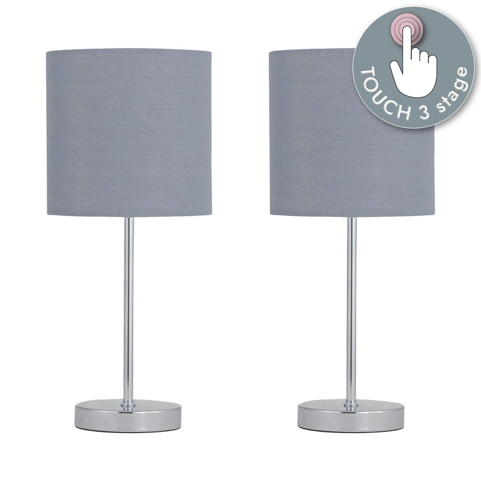 image 1 of First Choice Lighting Set of 2 Chrome Touch Operated Table Lamp with Grey Cotton Shades Chrome | Grey
