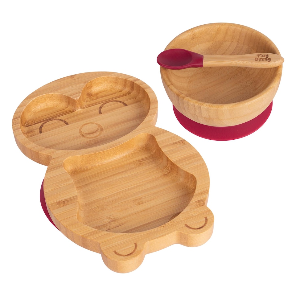 image 1 of Tiny Dining 3pc Bamboo Suction Feeding Set - Penguin/Red - Divided Non-Slip Bamboo Baby Self-Feeding Dining Weaning Set