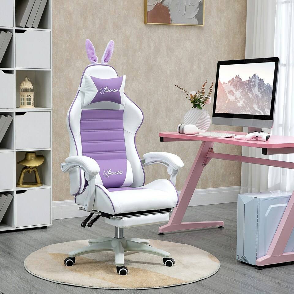 image 1 of Vinsetto Racing Style Gaming Chair with Footrest Removable Rabbit Ears, Purple