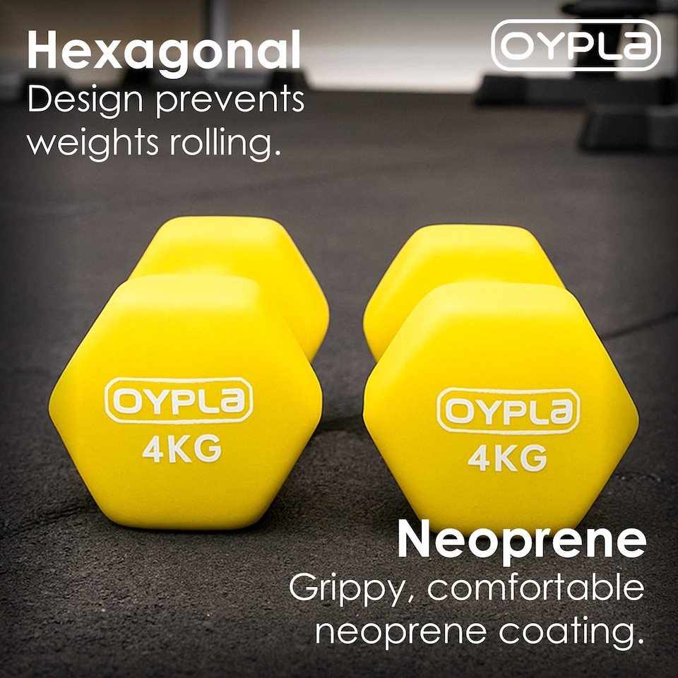 image 1 of Pair of 4kg Hex Anti Roll Neoprene Non Slip Hand Dumbbells Workout Weights