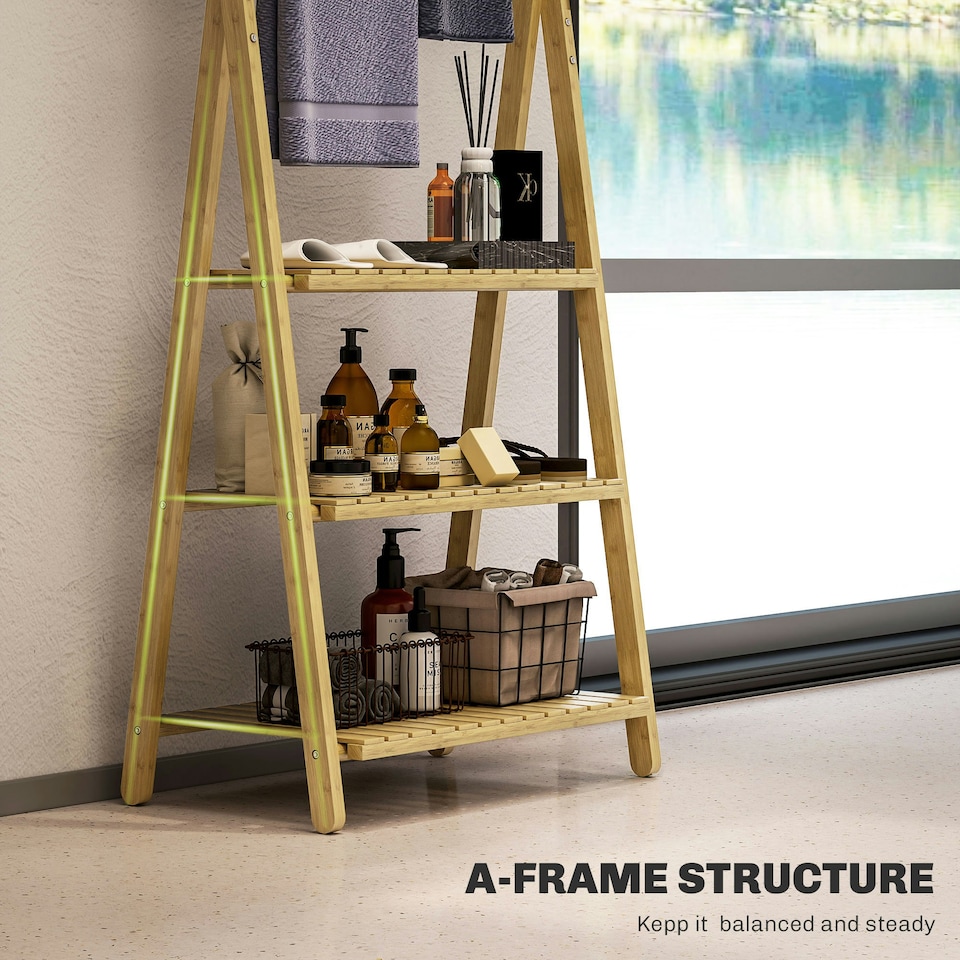 image 1 of HOMCOM 3-Tier Folding Bamboo Bathroom Storage Shelving Unit with Towel Bars