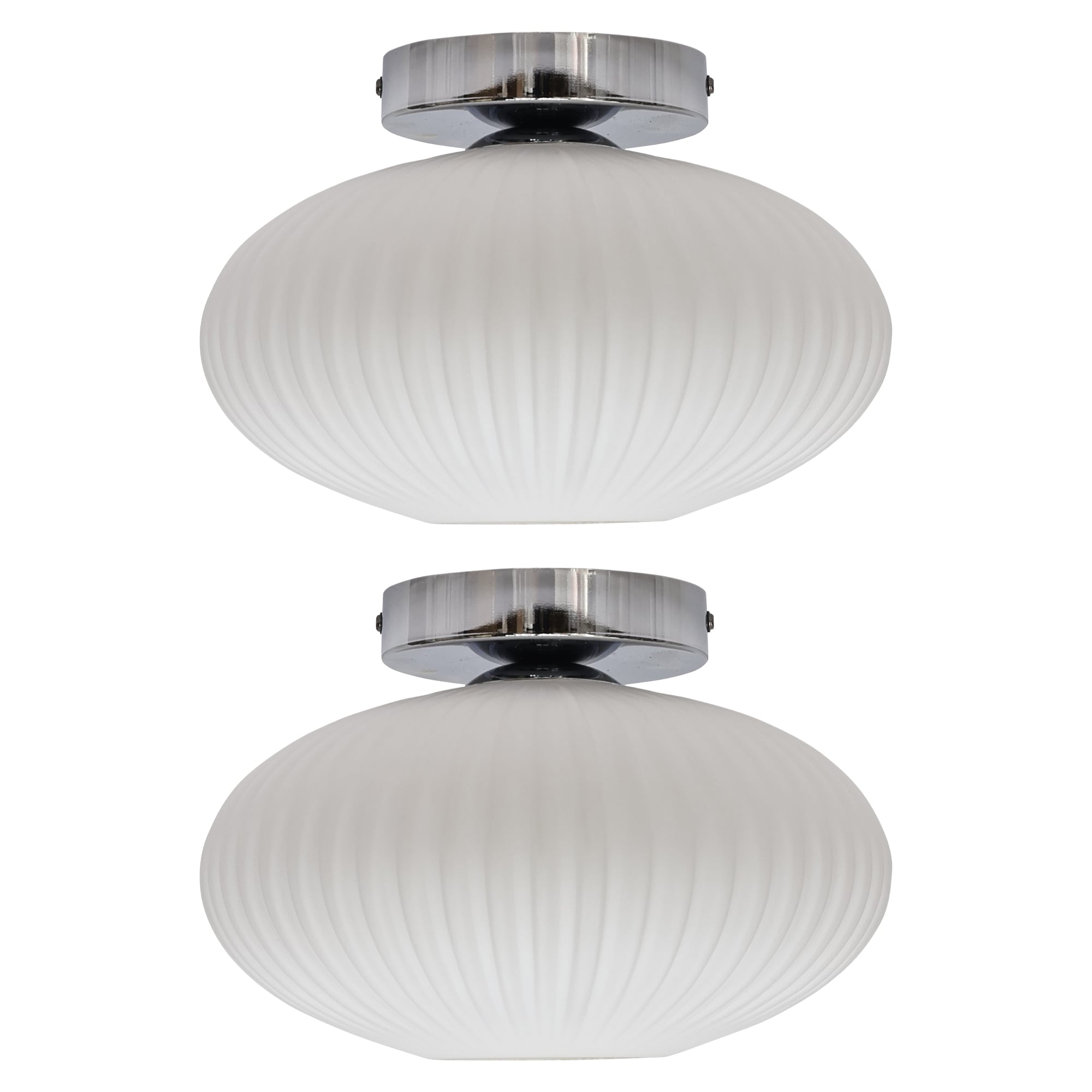 First Choice Lighting Set of 2 Baton - White Ribbed Oval Glass Chrome Ceiling Lights