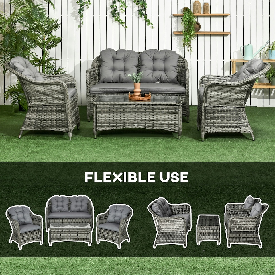 image 1 of Outsunny 4 Pieces Rattan Sofa Set Outdoor Conservatory Furniture with Cushions