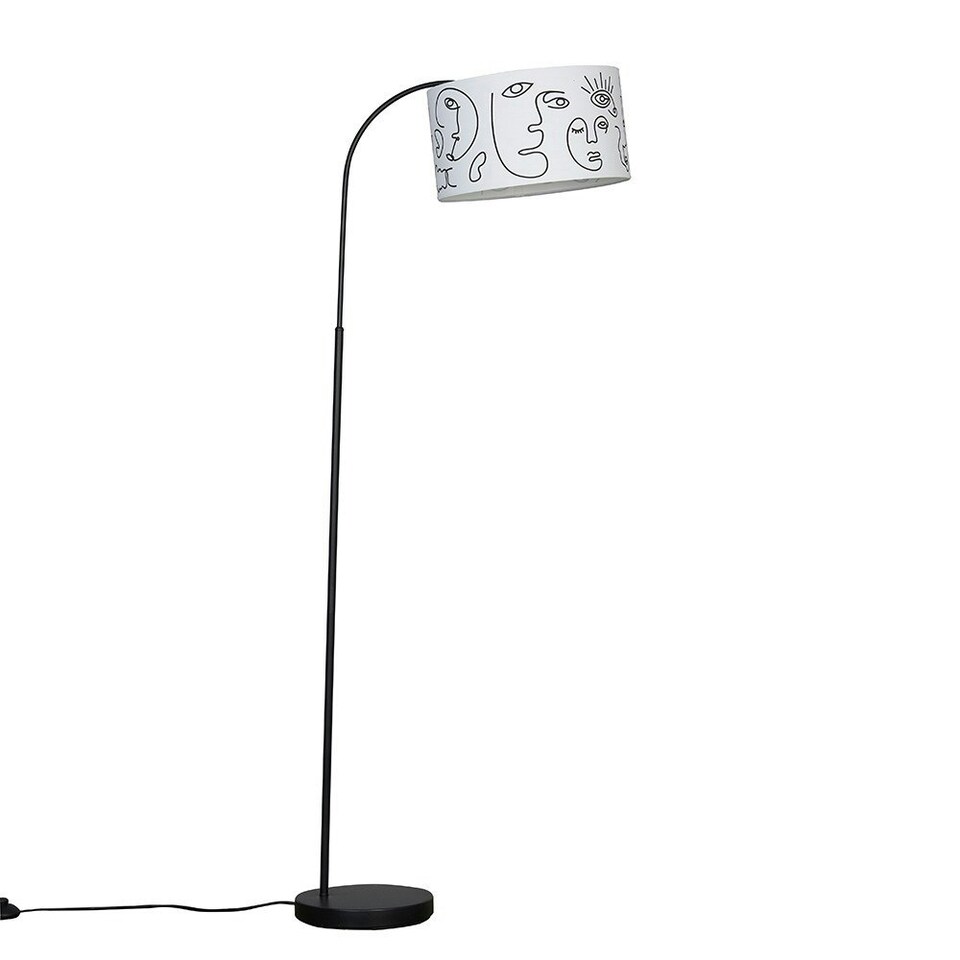 image 1 of ValueLights Designer Style Black Curved Stem Floor Lamp With White Artistic Portrait Design Shade With 6w LED GLS Bulb Warm White
