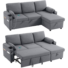 HOMCOM Corner Sofa Bed, L Shaped Sofa with Storage Chaise, USB Ports | Grey | Grey | 205W x 136.5D x 85H cm