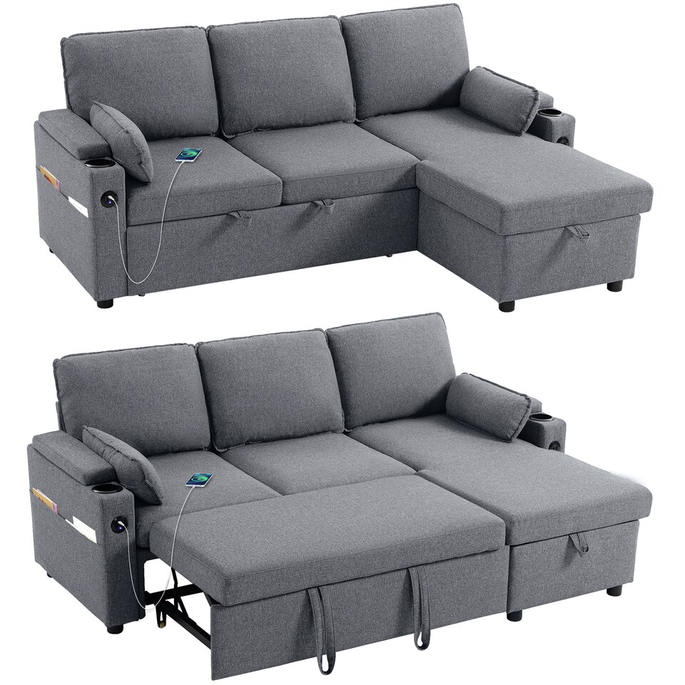 image 1 of HOMCOM Corner Sofa Bed, L Shaped Sofa with Storage Chaise, USB Ports | Grey | Grey | 205W x 136.5D x 85H cm