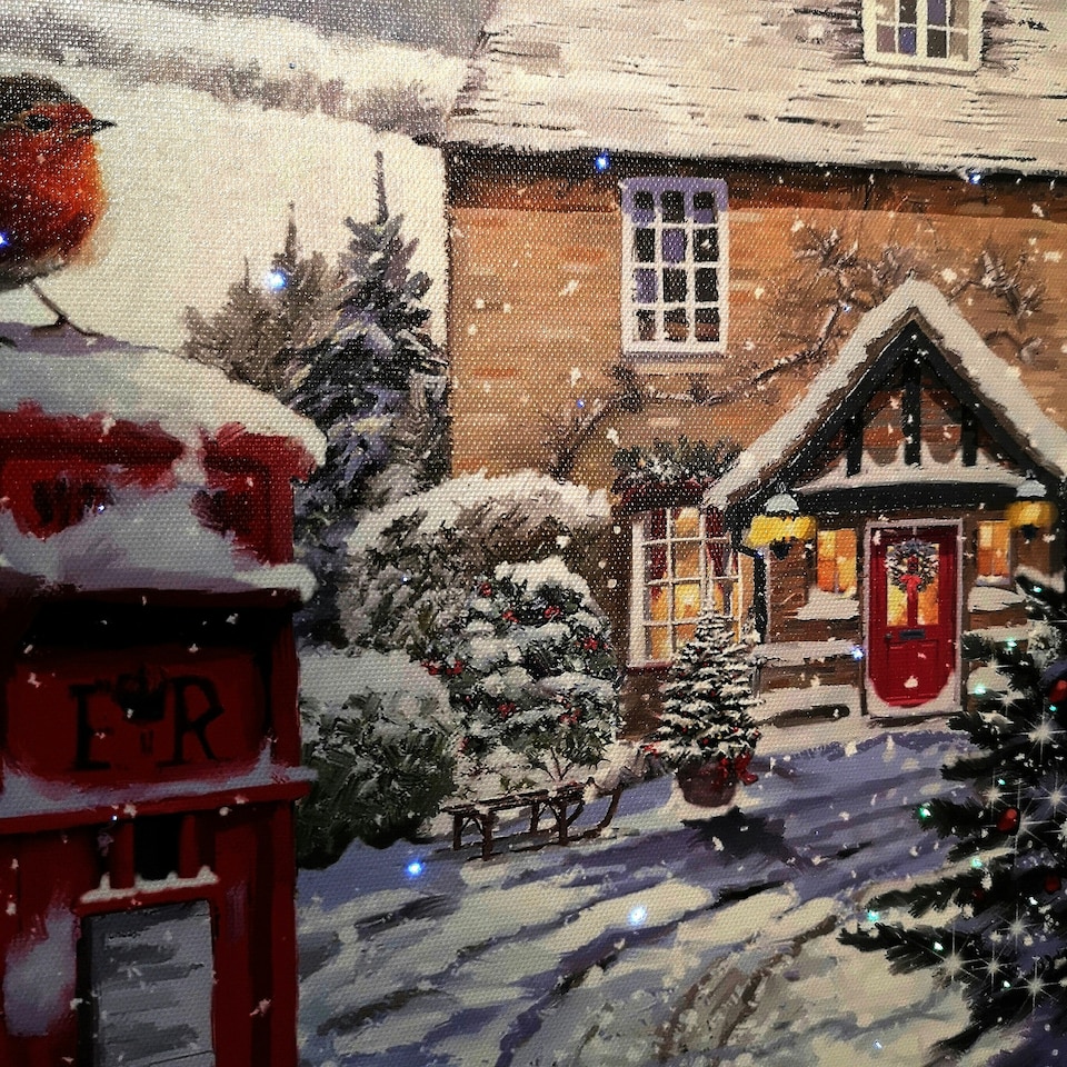 image 1 of Battery Operated 40 x 40cm Light up Snowy Christmas Robin Scene Picture Canvas