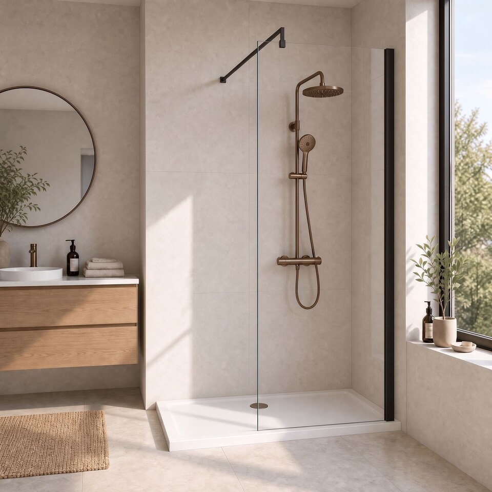 image 1 of Balterley Blymhill Contemporary Bathroom 8mm Glass Profile Wetroom Screen with Support Bar, Matt Black, 1950 x 700 x 14mm