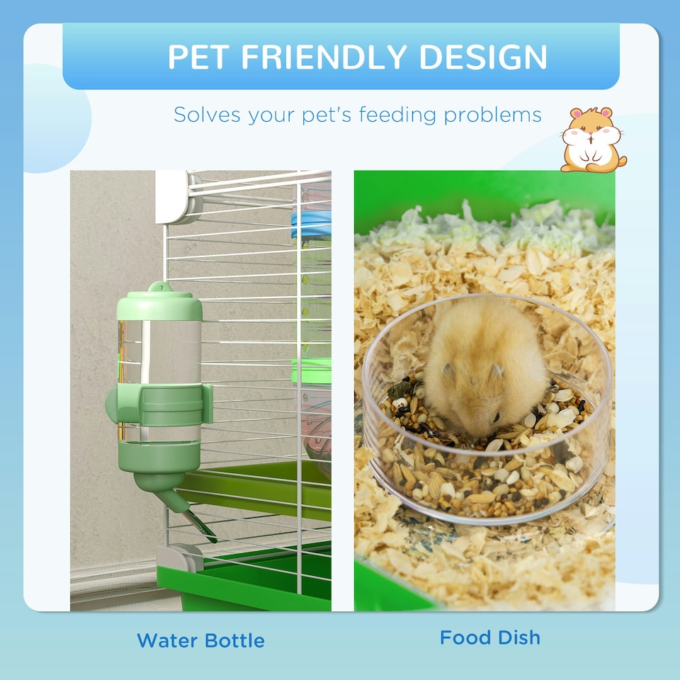 image 1 of PawHut Hamster Cage w/ Water Bottle, Exercise Wheel, Tubes, Ramps - Green