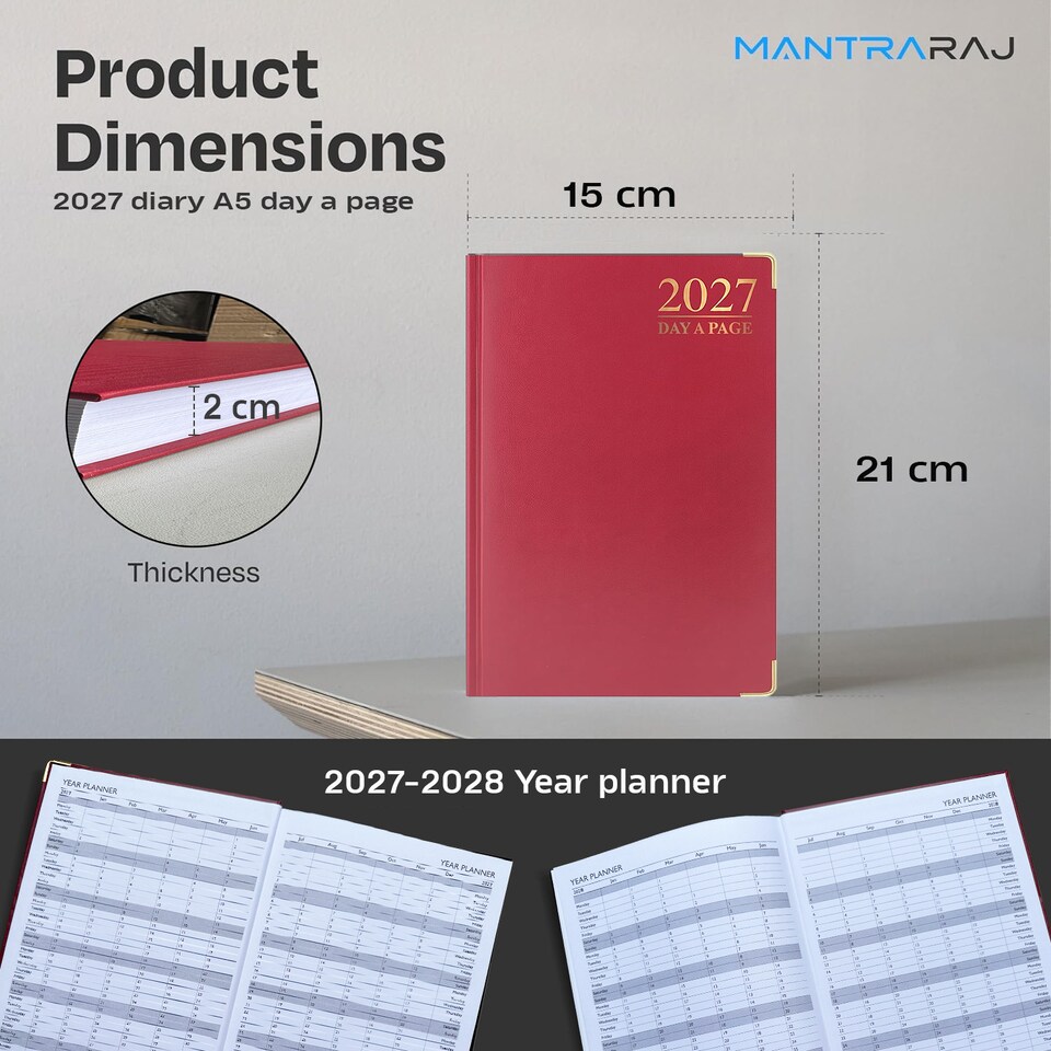 image 1 of MantraRaj 2027 Diary A5 Page A Day Padded Case Bound Desk Diary Office Organiser Planner Red