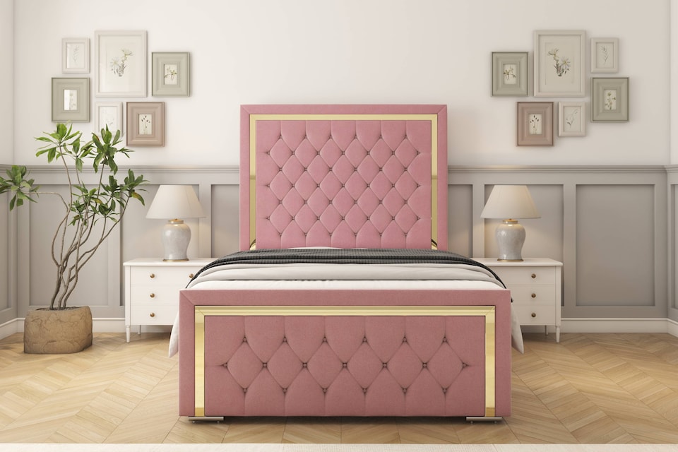 image 1 of Sloomy Sofia Gold Pink Plush Bed Frame With Mattress With 50" Upholstered Headboard 4' Small Double