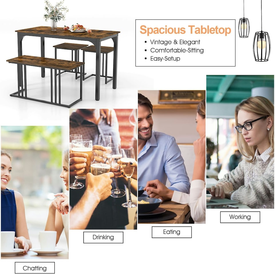 image 1 of COSTWAY 4-Piece Dining Table Set W/ Bench & 2 Stools Brown