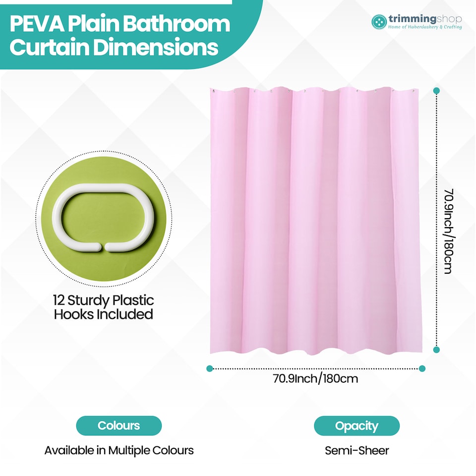 image 1 of PEVA Plain Mould & Mildew Resistant Shower Curtain with 12 Hooks - 180x180cm
